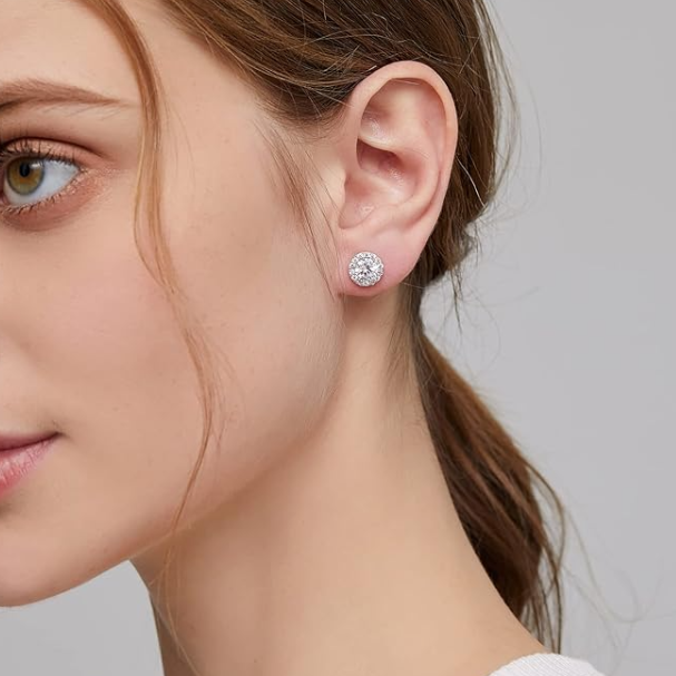 18K White Gold Plated Halo Stud Earrings 925 Sterling Silver Cubic Zirconia Stud