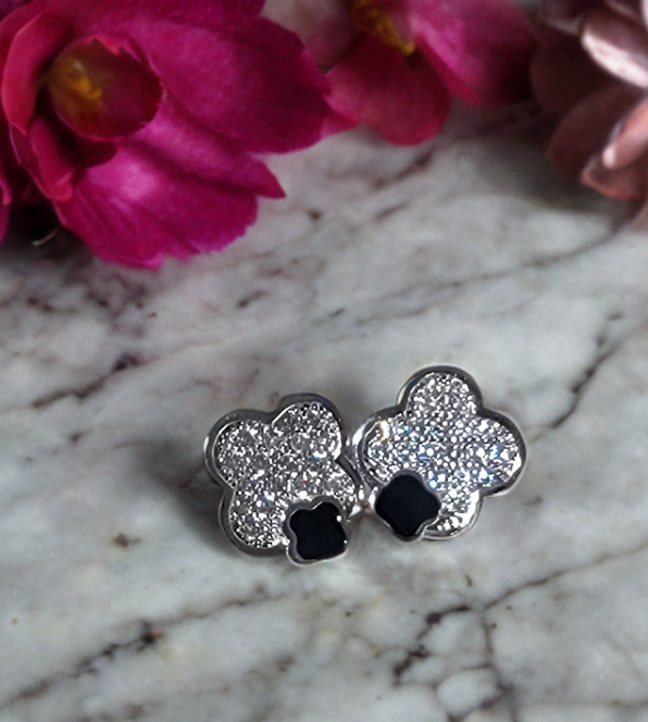 14K White Gold Plated Women's Simulated CZ Clover Lucky Flower Stud Earrings
