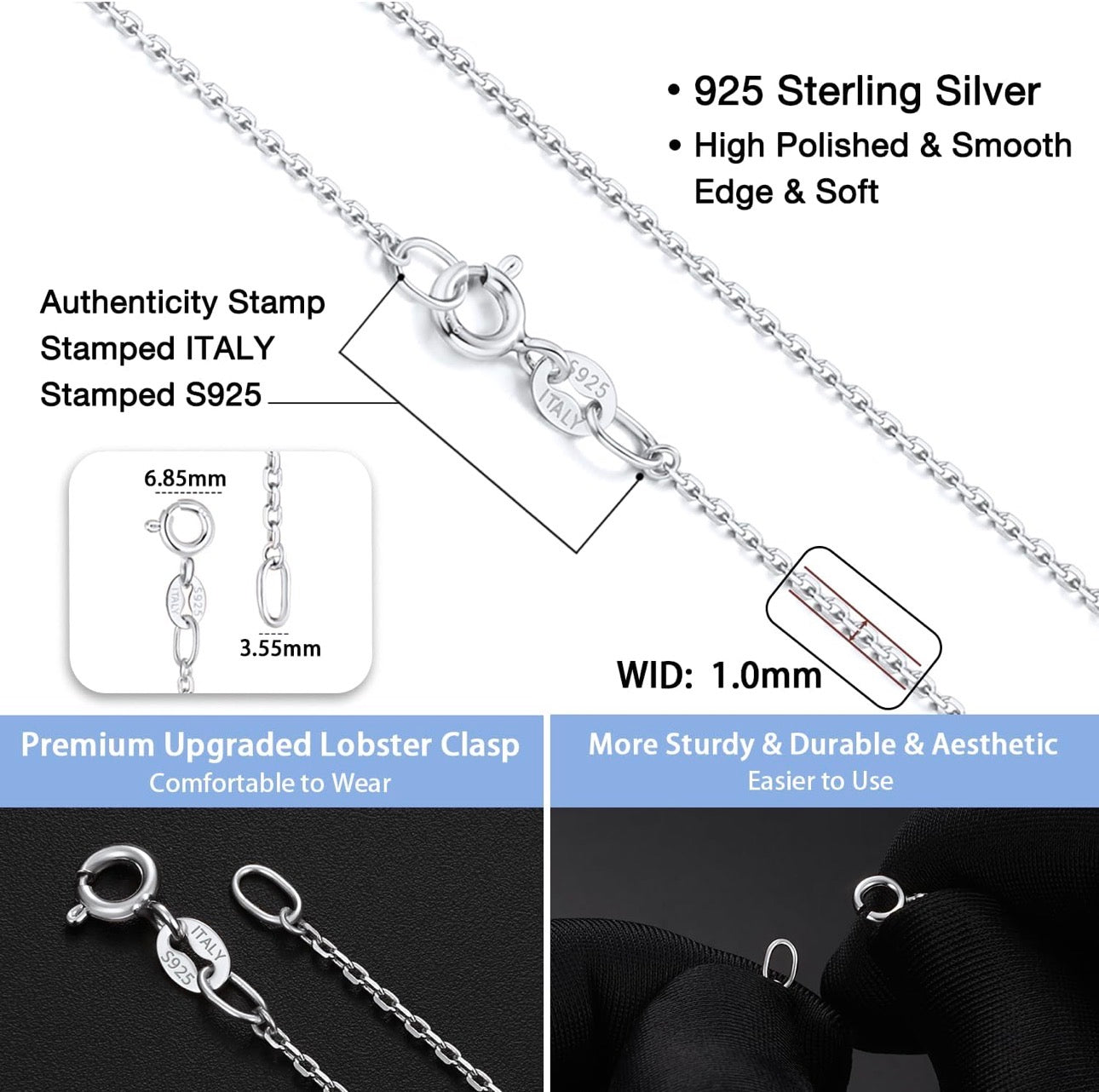 Cable Sterling 925 Silver Chain 1.3 mm