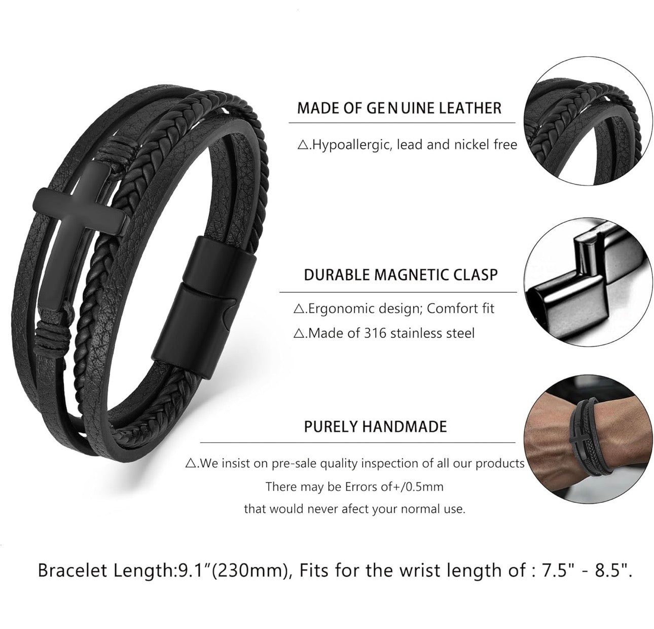 Mens Leather Cross Bracelet