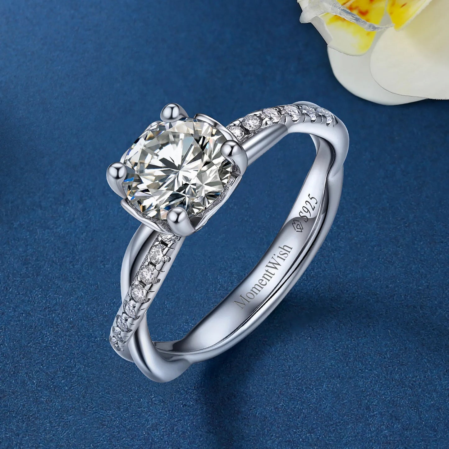 Moissanite Twisted Vine Pavé Engagement Ring with Side Heart for Women in White Gold