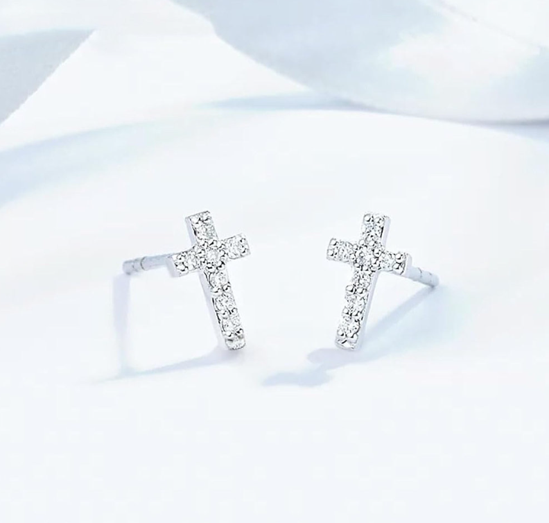Cross Sterling Silver 925 Earrings 10 mm