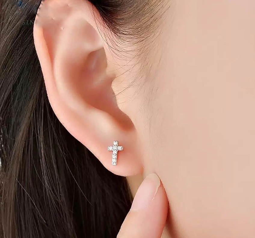 Cross Sterling Silver 925 Earrings 10 mm