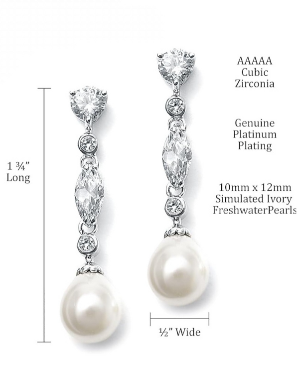 Linear Cubic Zirconia and Bold Pearl Teardrop Wedding Earrings