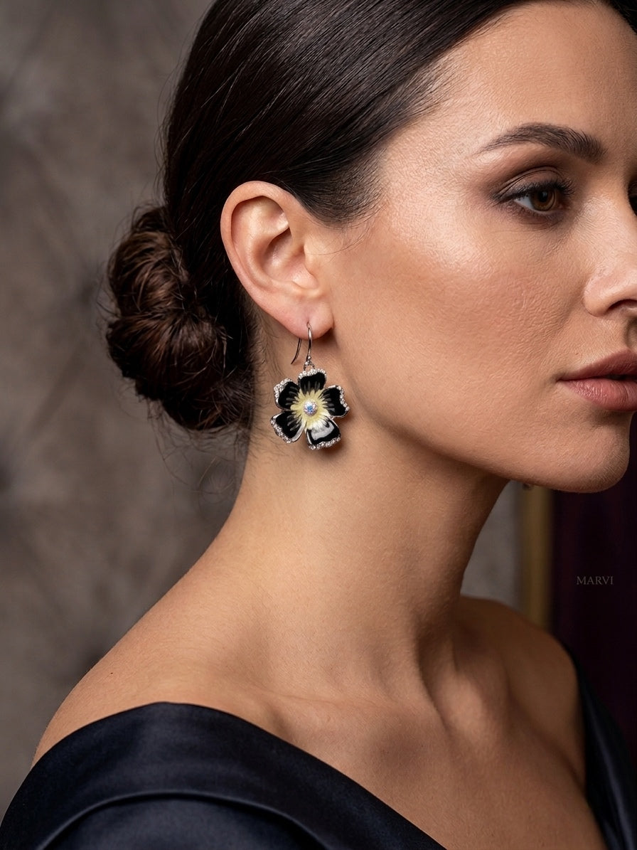Sparkling Black Flower Dangle Earrings – Stainless Steel