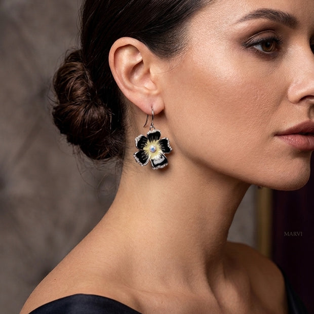 Sparkling Black Flower Dangle Earrings – Stainless Steel