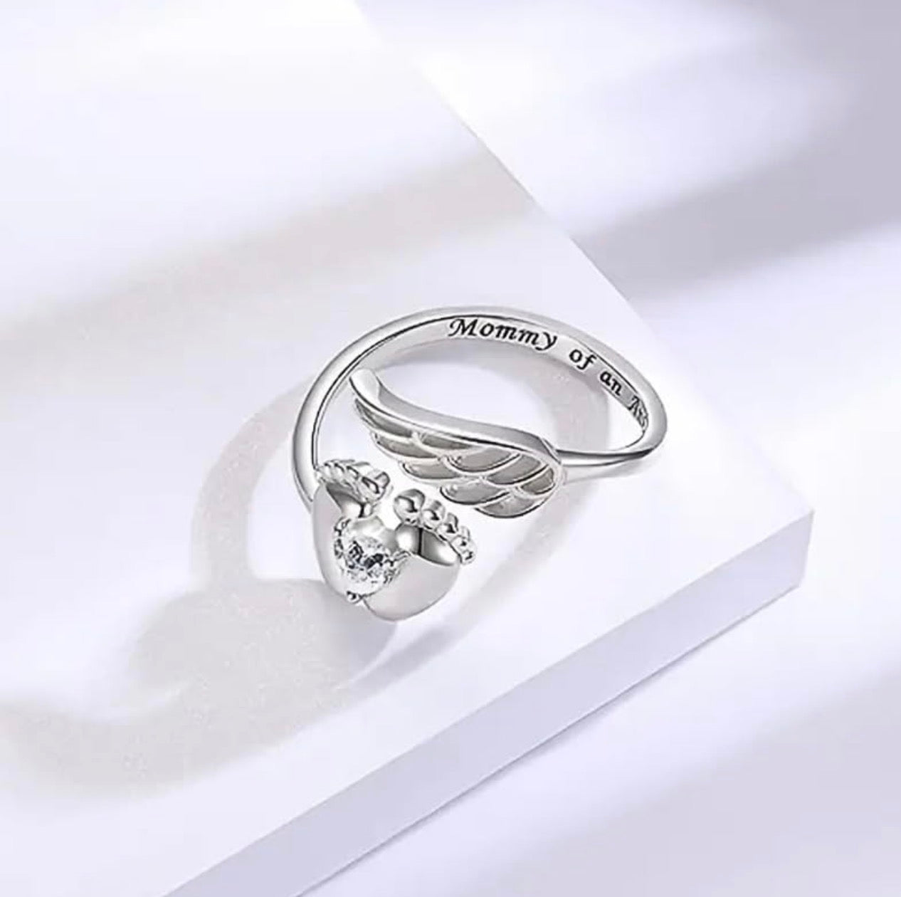Heart Simulated Diamond Mom Angel Newborn Gift Ring 14K White Gold Plated