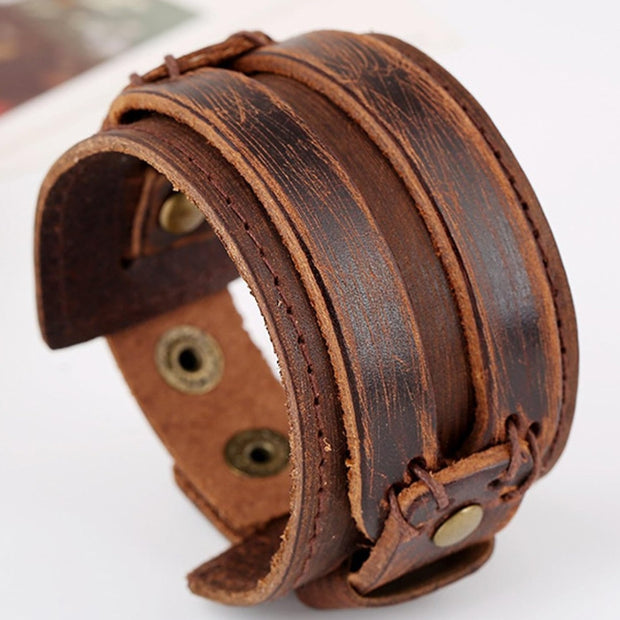 Antique Men's Brown Leather Cuff Bracelet – Genuine Vintage Wide Bangle