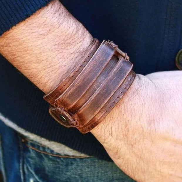Antique Men's Brown Leather Cuff Bracelet – Genuine Vintage Wide Bangle