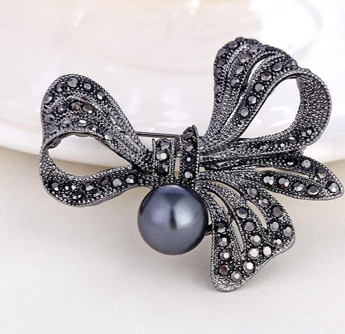 Elegant Black Flower Brooch with Rhinestone & Pearl Accents