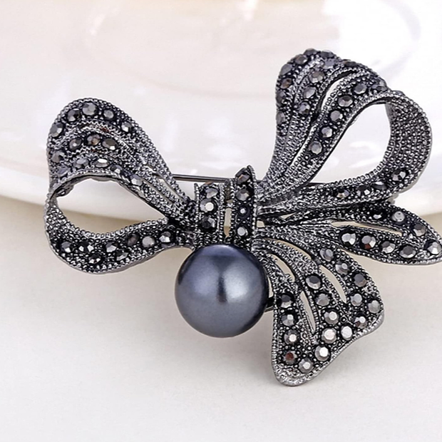 Elegant Black Flower Brooch with Rhinestone & Pearl Accents