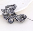 Elegant Black Flower Brooch with Rhinestone & Pearl Accents