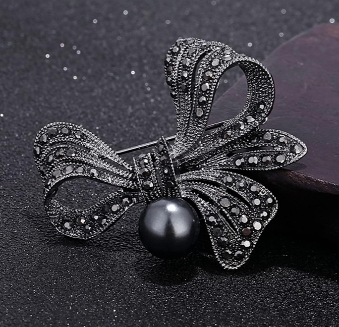 Elegant Black Flower Brooch with Rhinestone & Pearl Accents