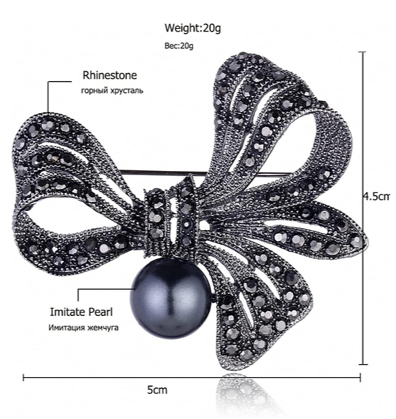 Elegant Black Flower Brooch with Rhinestone & Pearl Accents