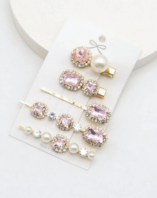 Elegant Pearl & Pink Crystal Hair Clip Set