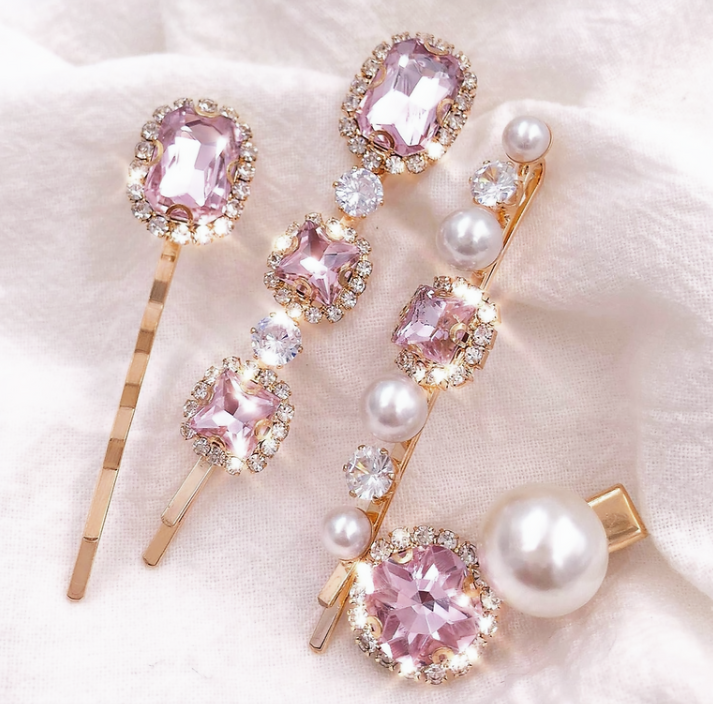Elegant Pearl & Pink Crystal Hair Clip Set