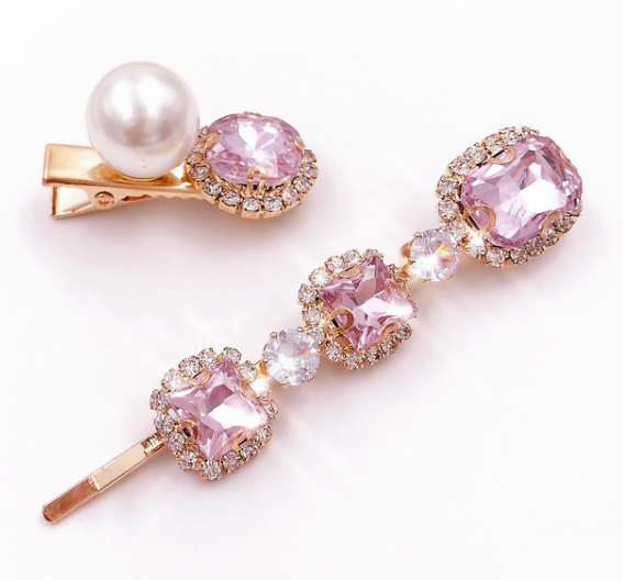Elegant Pearl & Pink Crystal Hair Clip Set