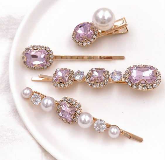 Elegant Pearl & Pink Crystal Hair Clip Set