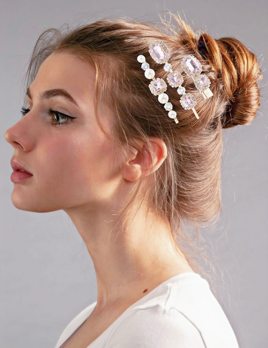 Elegant Pearl & Pink Crystal Hair Clip Set