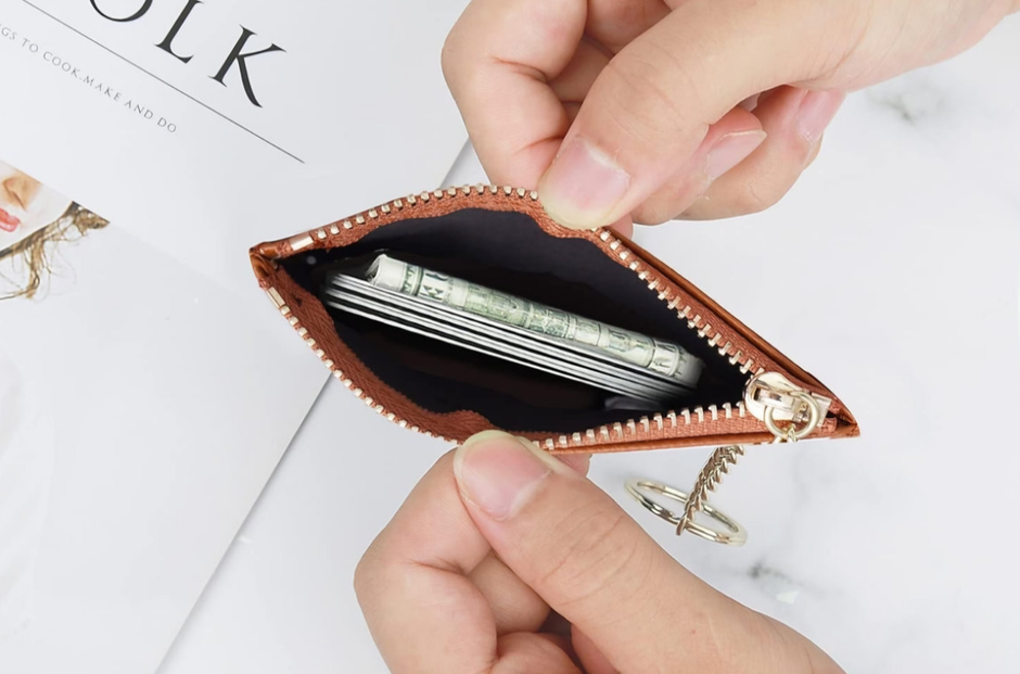 Compact Faux Leather Zipper Wallet with Keychain
