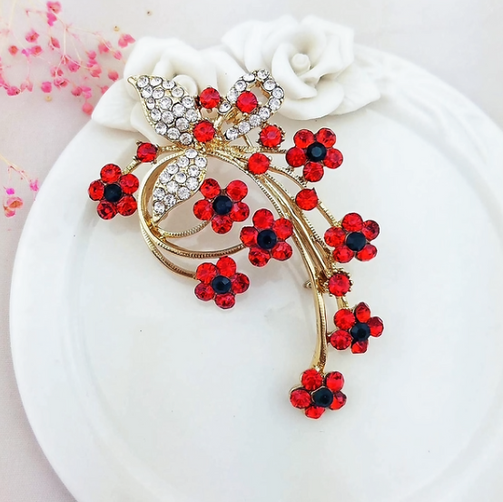 Elegant Gold-Tone Red & Black Rhinestone Floral Statement Brooch