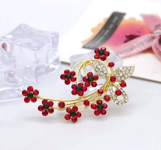 Elegant Gold-Tone Red & Black Rhinestone Floral Statement Brooch
