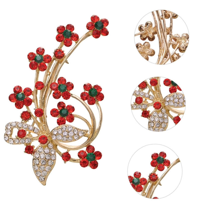 Elegant Gold-Tone Red & Black Rhinestone Floral Statement Brooch