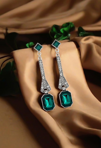 Vintage Emerald Green Dangle Earrings – Silver Art Deco Drops 3.3 Inch