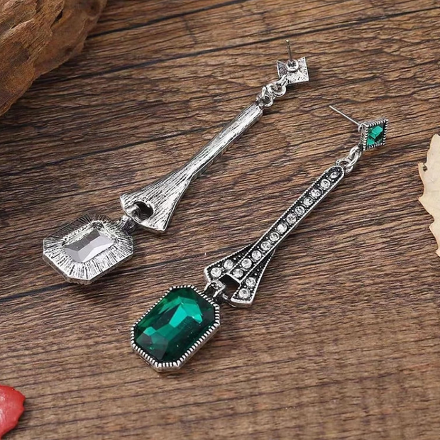 Vintage Emerald Green Dangle Earrings – Silver Art Deco Drops 3.3 Inch