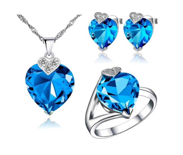 Blue Crystal Heart Jewelry Set – 925 Sterling Silver Necklace, Earrings & Ring Set