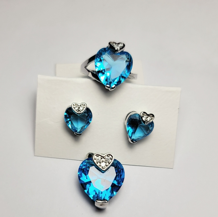 Blue Crystal Heart Jewelry Set – 925 Sterling Silver Necklace, Earrings & Ring Set