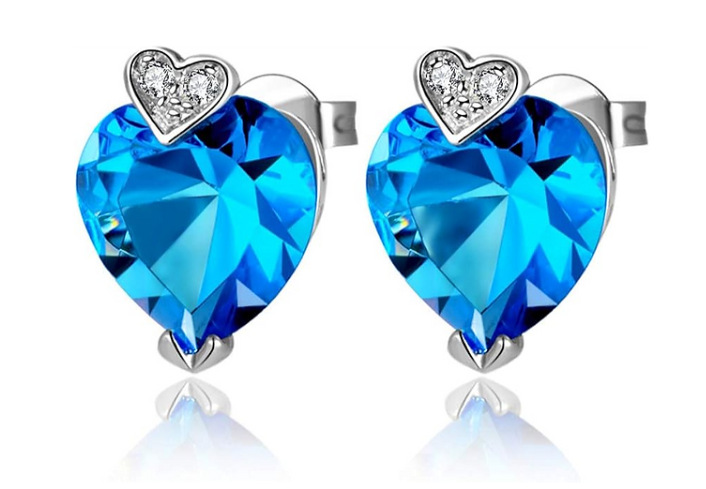 Blue Crystal Heart Jewelry Set – 925 Sterling Silver Necklace, Earrings & Ring Set