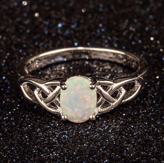 Luminous Opal Celtic Knot Ring – Elegant 925 Silver Everyday Ring