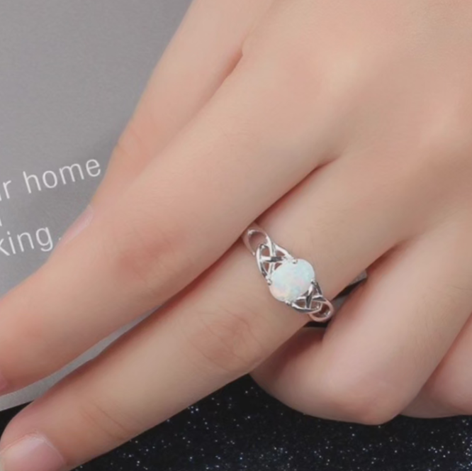 Luminous Opal Celtic Knot Ring – Elegant 925 Silver Everyday Ring