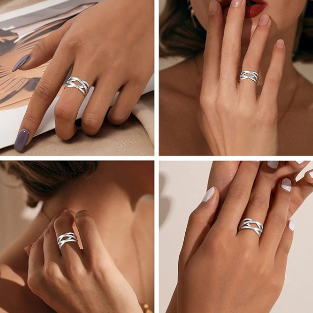 Sleek Multi-Row Adjustable Silver Ring – Elegant Everyday Crossover Band