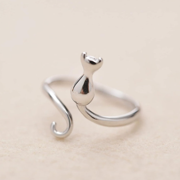 Minimalist Cat Silhouette Ring – Elegant 925 Silver Adjustable Band