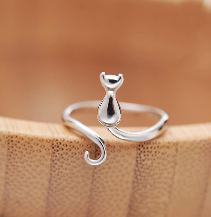 Minimalist Cat Silhouette Ring – Elegant 925 Silver Adjustable Band