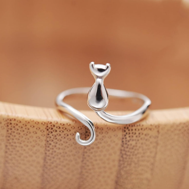 Minimalist Cat Silhouette Ring – Elegant 925 Silver Adjustable Band