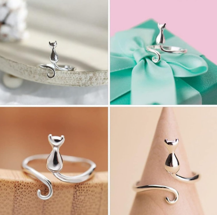 Minimalist Cat Silhouette Ring – Elegant 925 Silver Adjustable Band