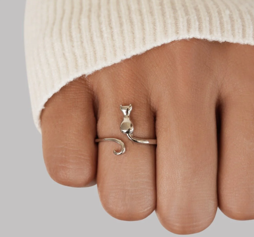 Minimalist Cat Silhouette Ring – Elegant 925 Silver Adjustable Band