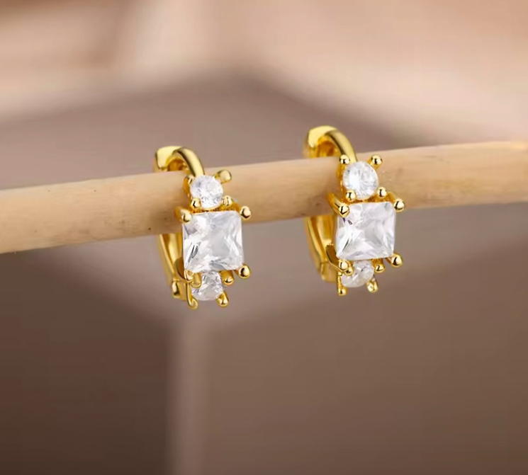 Elegant Emerald Cut Crystal Drop Hoops – Radiant 18K Gold Plated Jewelry