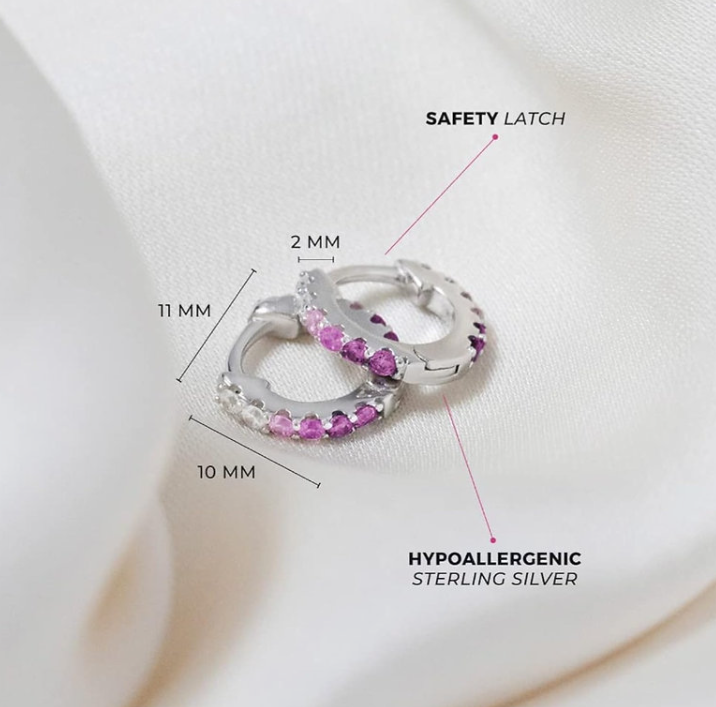 Sparkling Pink & Clear CZ Kids Hoops – Safe 925 Silver Huggie Earrings