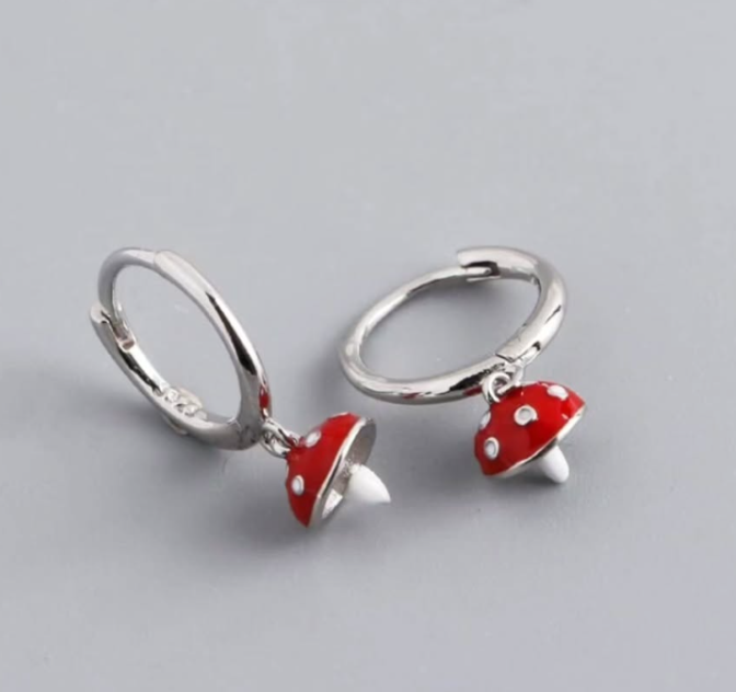 Whimsical Red Mushroom Hoop Earrings – Premium 925 Sterling Silver