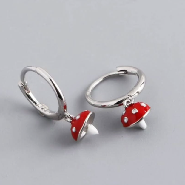 Whimsical Red Mushroom Hoop Earrings – Premium 925 Sterling Silver