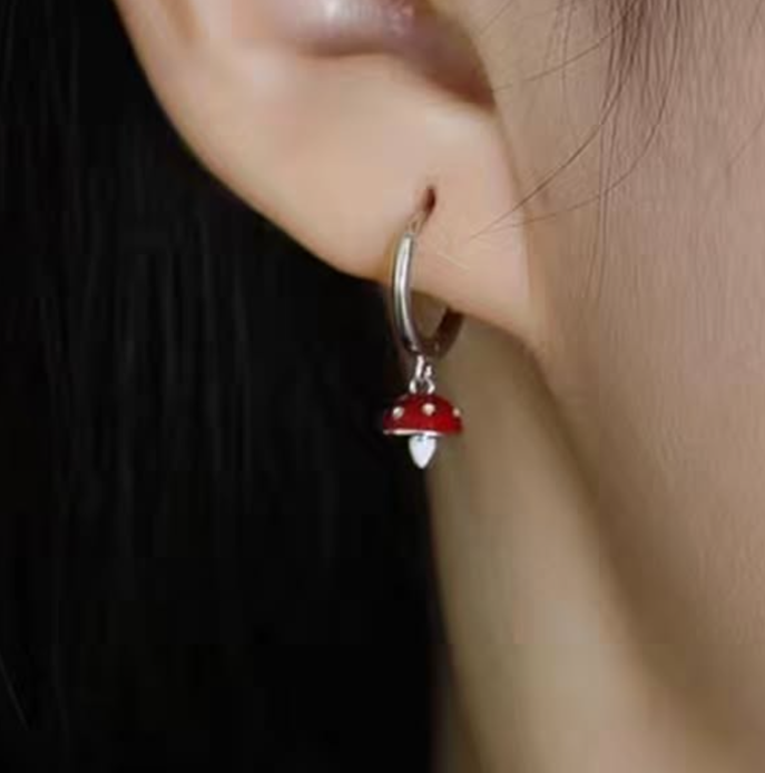Whimsical Red Mushroom Hoop Earrings – Premium 925 Sterling Silver