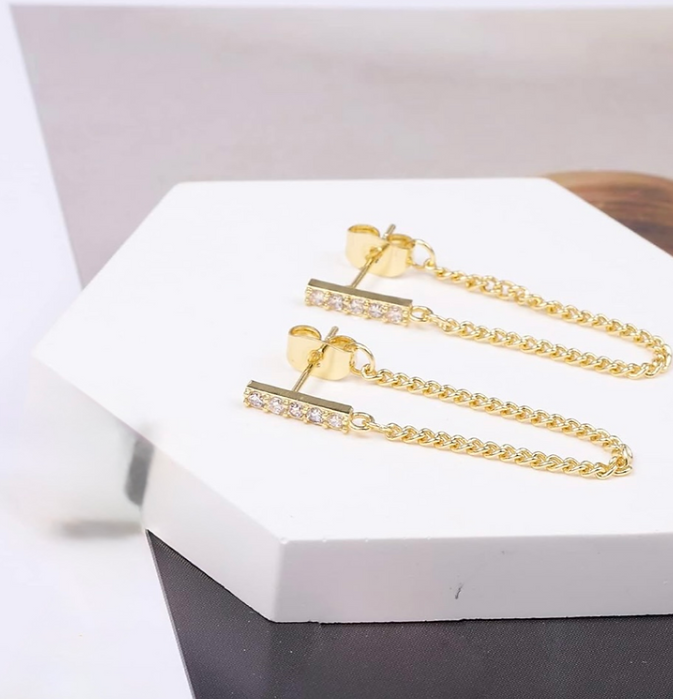 Gold Chain Drop Earrings – Dainty 925 Silver Base Dangle Studs