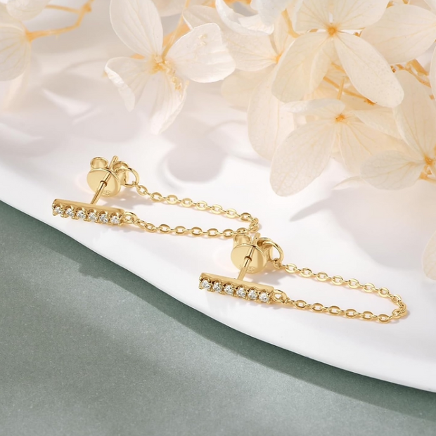 Gold Chain Drop Earrings – Dainty 925 Silver Base Dangle Studs