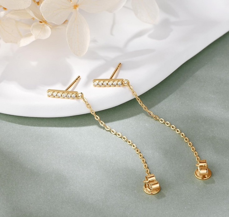 Gold Chain Drop Earrings – Dainty 925 Silver Base Dangle Studs