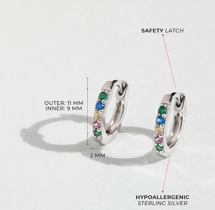 Vibrant Rainbow CZ Huggie Earrings – Cute 10mm Everyday Silver Hoops