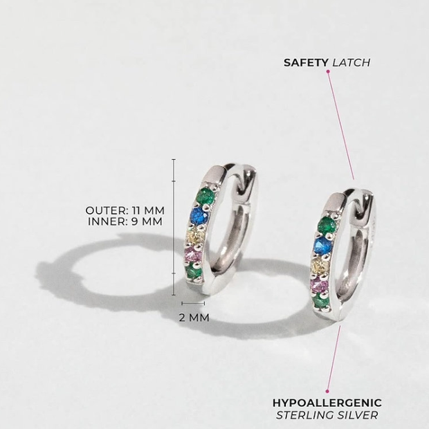 Vibrant Rainbow CZ Huggie Earrings – Cute 10mm Everyday Silver Hoops